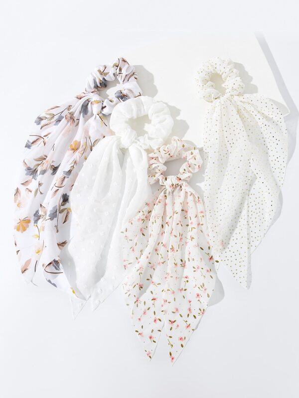 4pcs Floral Print Scarf Hair Tie
