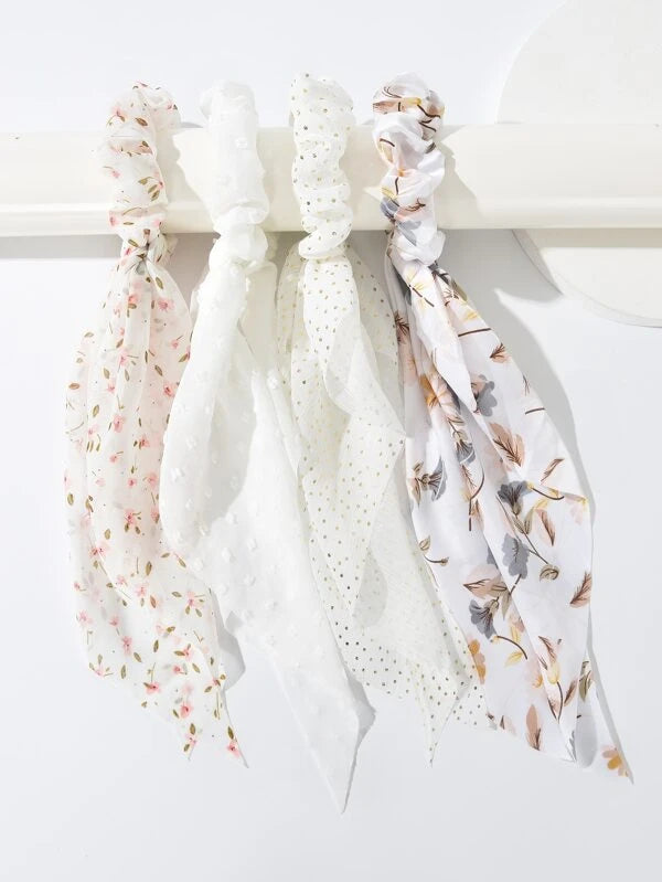 4pcs Floral Print Scarf Hair Tie