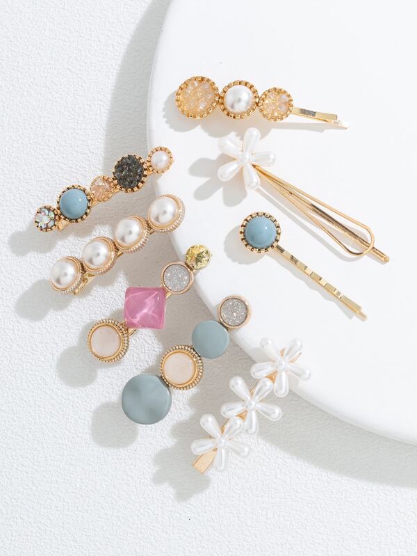 8pcs Flower & Faux Pearl Decor Hair Clip