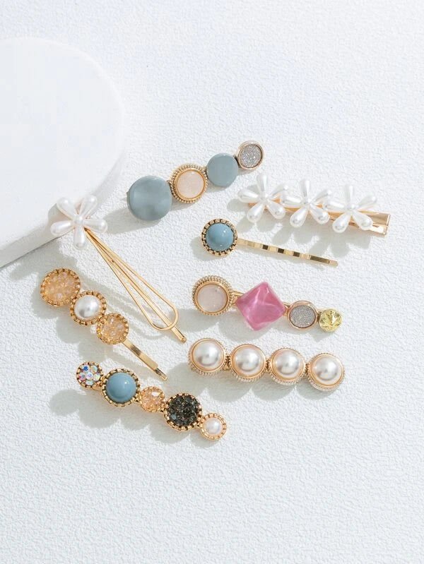 8pcs Flower & Faux Pearl Decor Hair Clip