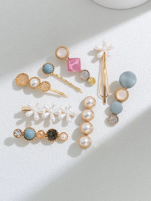 8pcs Flower & Faux Pearl Decor Hair Clip
