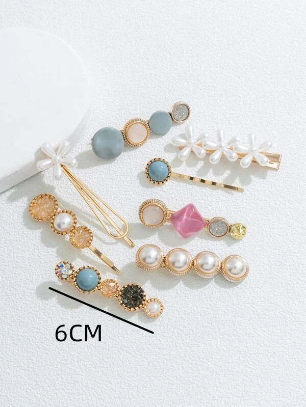 8pcs Flower & Faux Pearl Decor Hair Clip