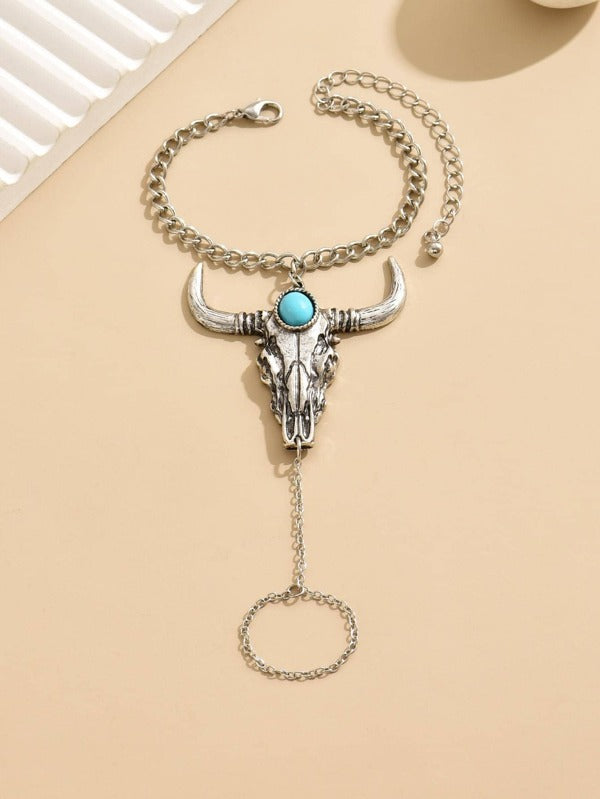 Turquoise Decor Cattle Head Decor Mittens Bracelet