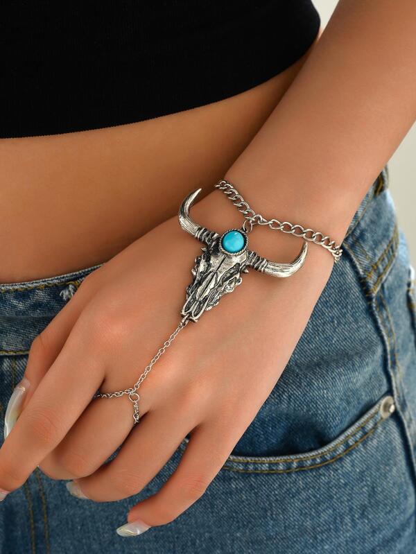 Turquoise Decor Cattle Head Decor Mittens Bracelet