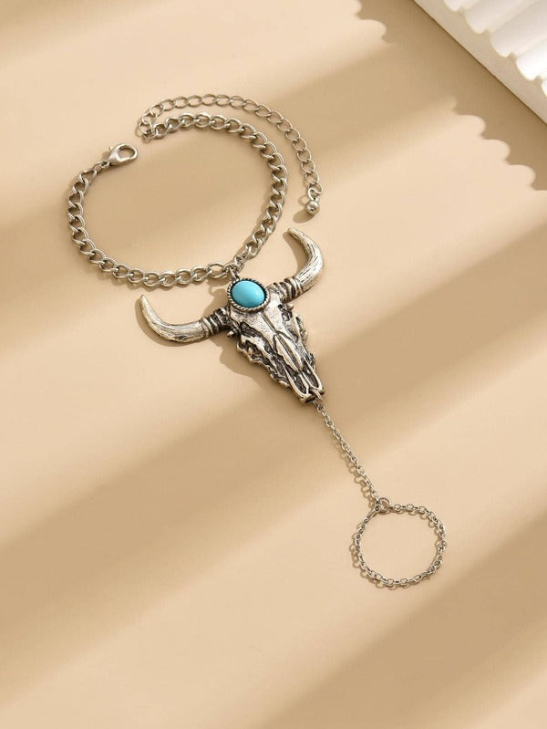 Turquoise Decor Cattle Head Decor Mittens Bracelet