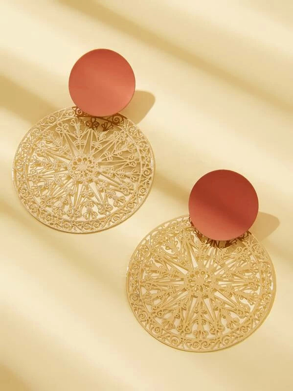 Two Tone Hollow Out Round Drop Earrings 1pair