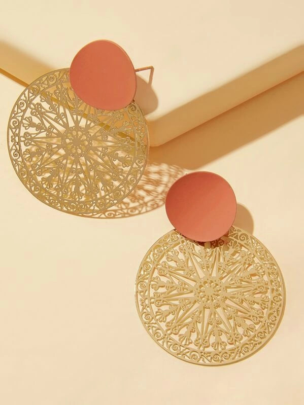 Two Tone Hollow Out Round Drop Earrings 1pair