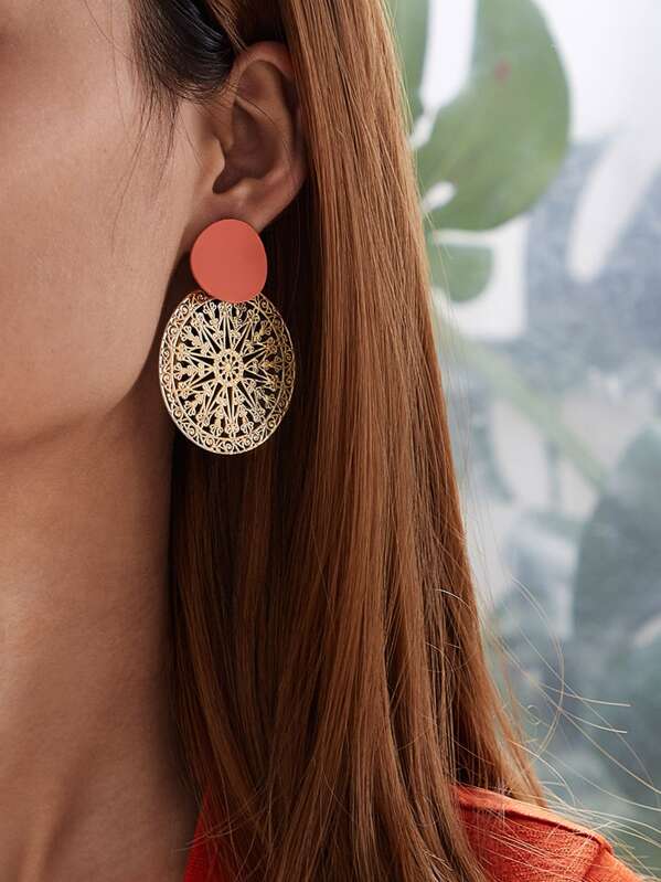 Two Tone Hollow Out Round Drop Earrings 1pair