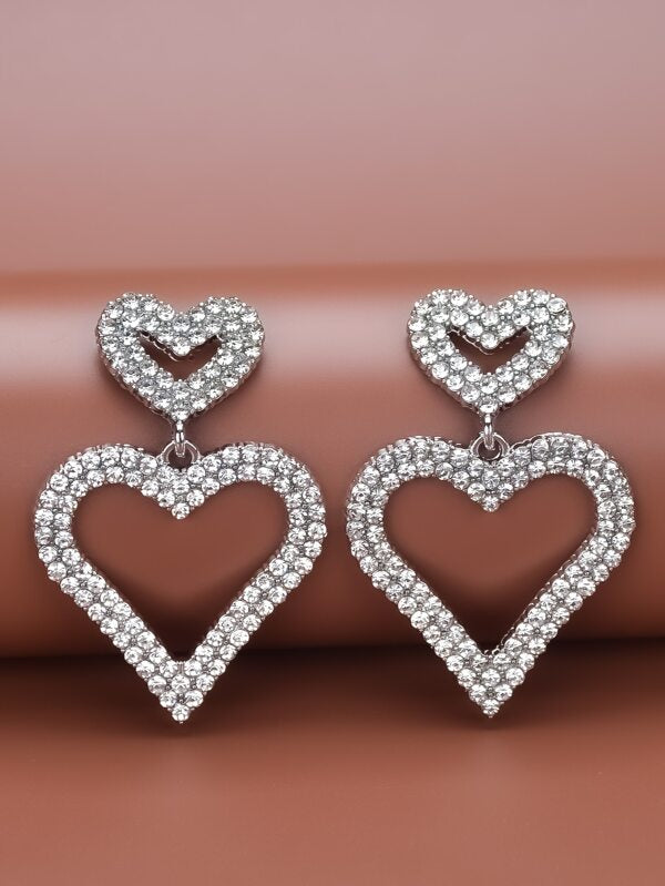 Rhinestone Decor Heart Charm Drop Earrings