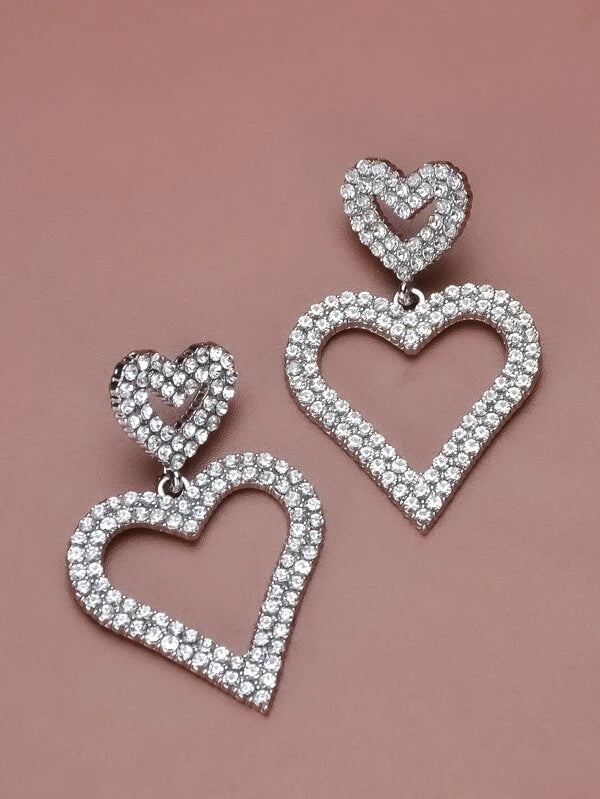 Rhinestone Decor Heart Charm Drop Earrings