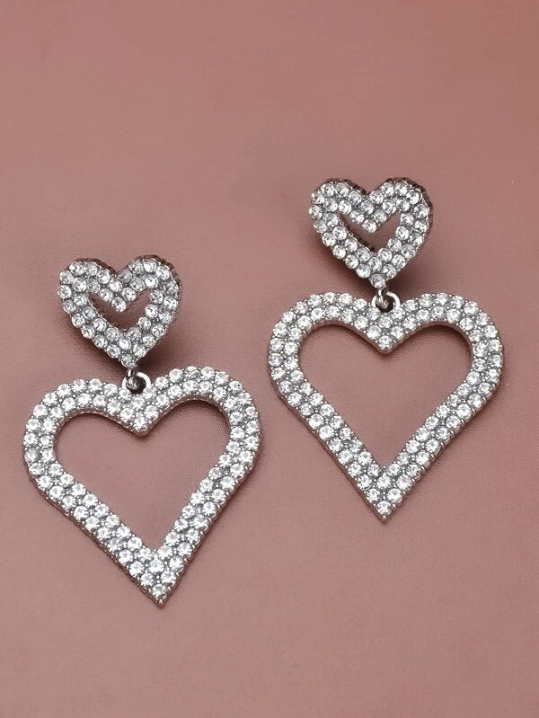 Rhinestone Decor Heart Charm Drop Earrings