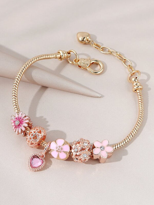 Rhinestone Decor Flower & Heart Charm Bracelet