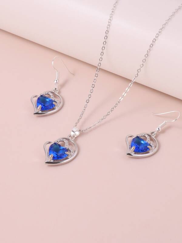 Heart Rhinestone Charm Necklace & 1pair Drop Earrings