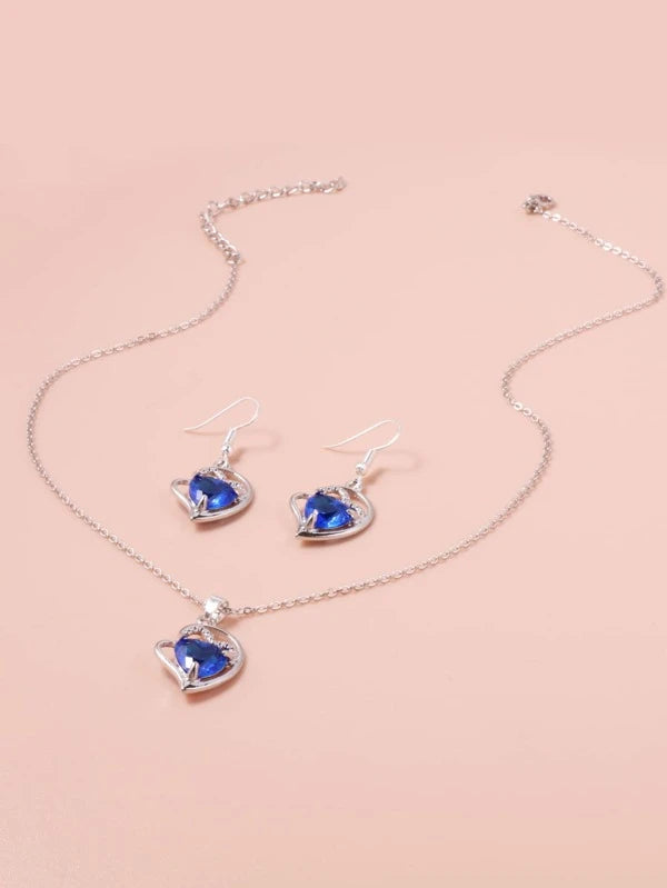 Heart Rhinestone Charm Necklace & 1pair Drop Earrings