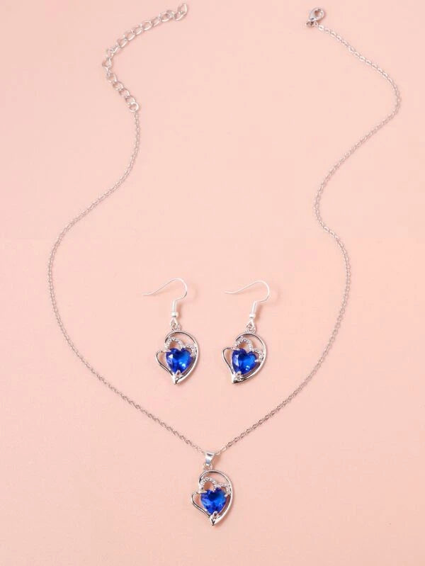 Heart Rhinestone Charm Necklace & 1pair Drop Earrings