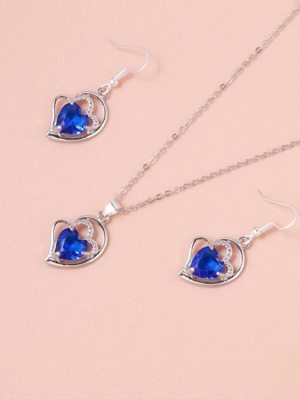 Heart Rhinestone Charm Necklace & 1pair Drop Earrings