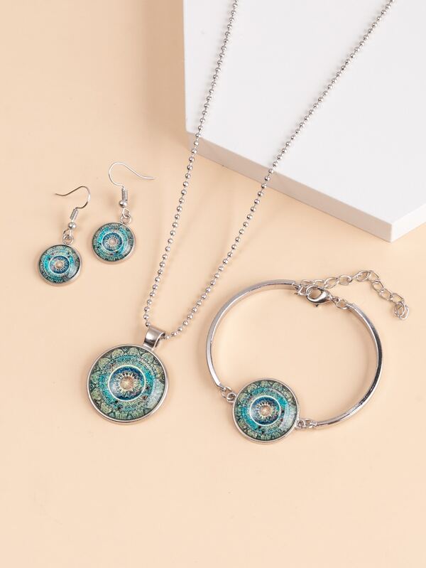 Flower Print Round Charm Necklace & Bracelet & 1pair Drop Earrings