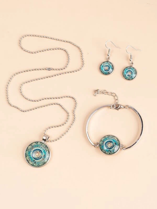 Flower Print Round Charm Necklace & Bracelet & 1pair Drop Earrings