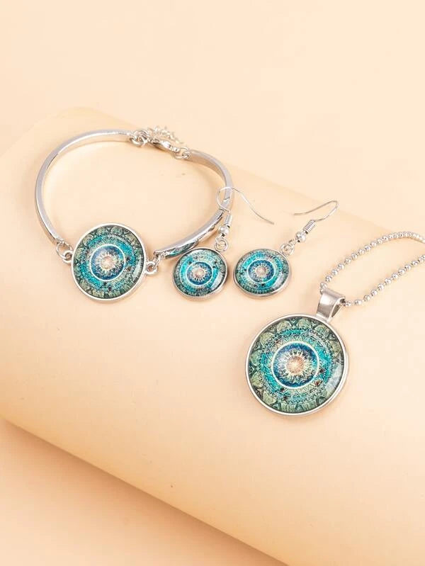 Flower Print Round Charm Necklace & Bracelet & 1pair Drop Earrings