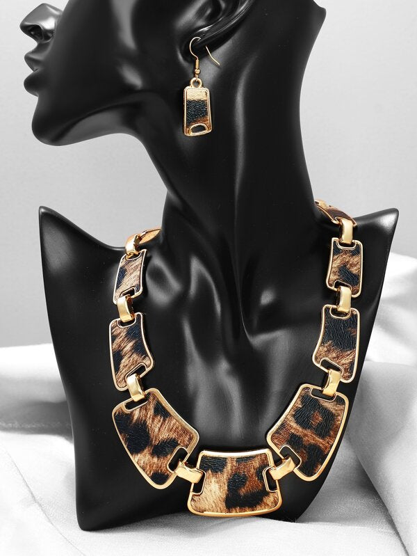 Leopard Print Drop Earrings & Necklace