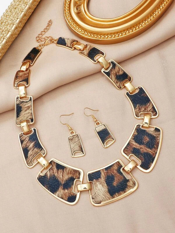 Leopard Print Drop Earrings & Necklace