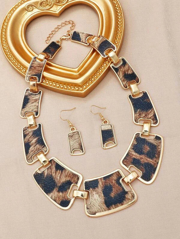 Leopard Print Drop Earrings & Necklace