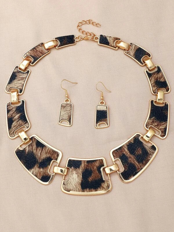 Leopard Print Drop Earrings & Necklace