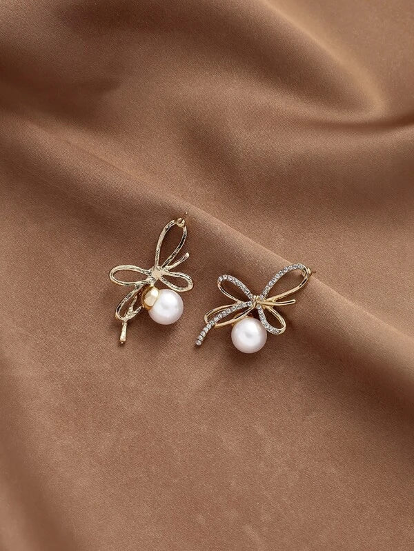 Rhinestone Bow & Faux Pearl Decor Earrings