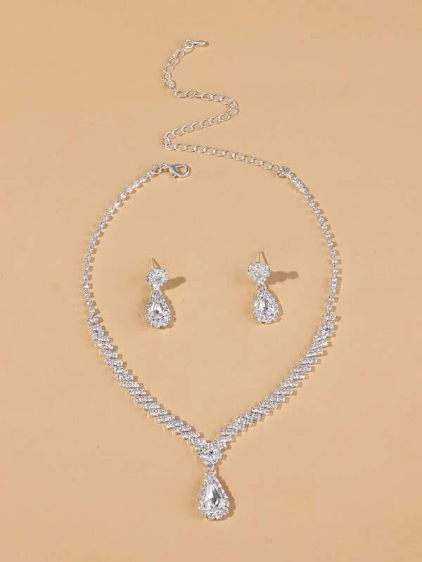 Rhinestone Water Drop Decor Drop Earrings & Necklace For Women For Party Banquet Wedding