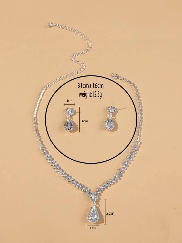 Rhinestone Water Drop Decor Drop Earrings & Necklace For Women For Party Banquet Wedding