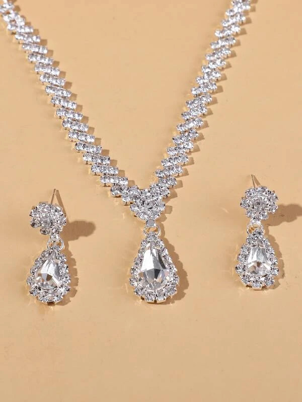 Rhinestone Water Drop Decor Drop Earrings & Necklace For Women For Party Banquet Wedding