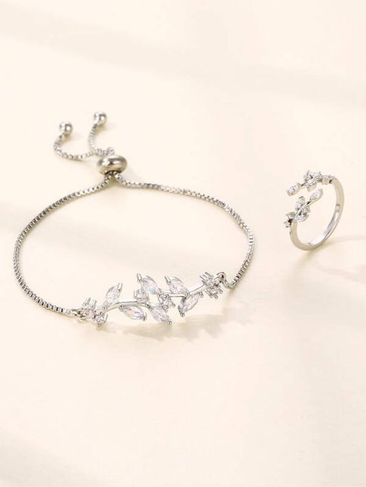 Rhinestone Leaf Decor Bracelet & Ring