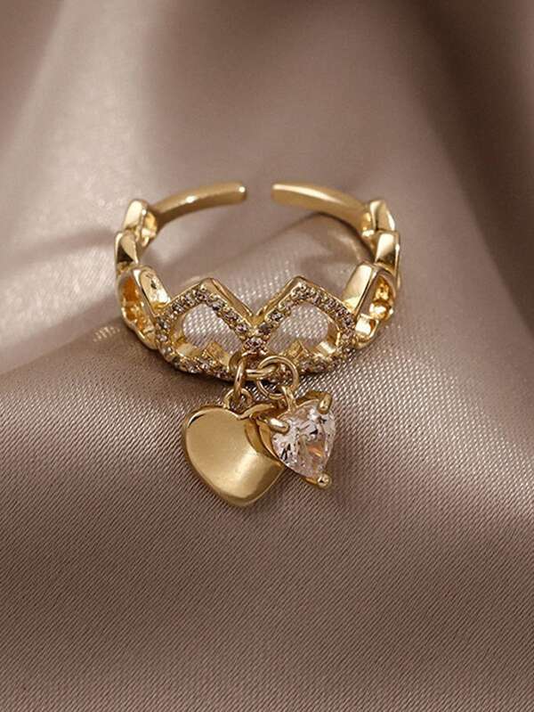 Rhinestone & Heart Decor Cuff Ring