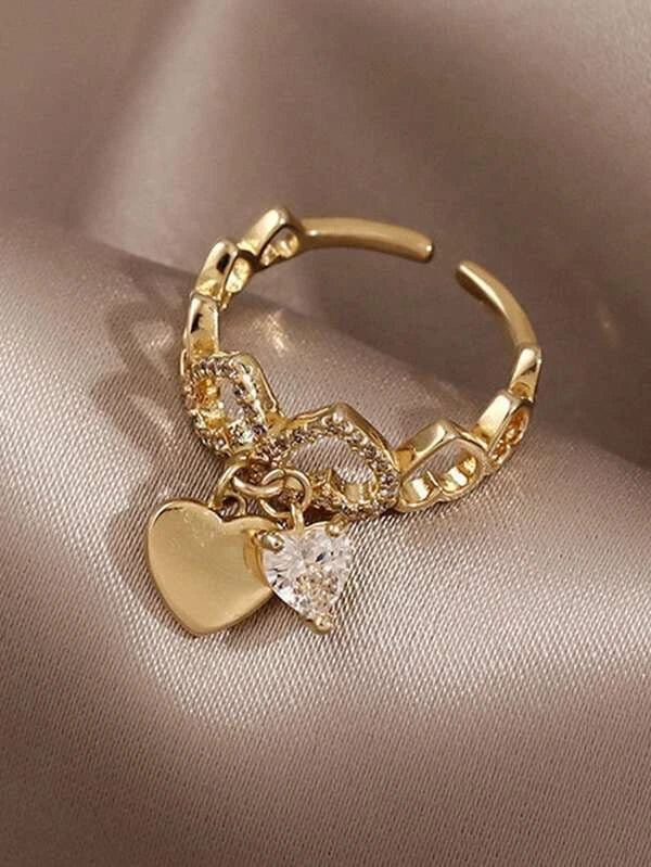 Rhinestone & Heart Decor Cuff Ring