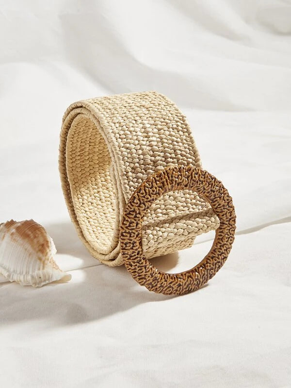 1pc Boho Straw Handmade Braided Elastic Waistband Round Wooden Buckle Women Girdle For Dress For Summer