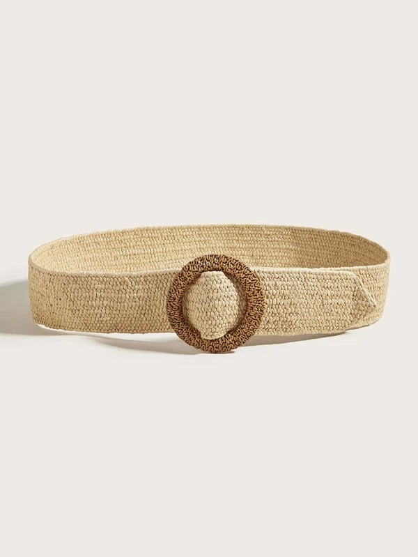 1pc Boho Straw Handmade Braided Elastic Waistband Round Wooden Buckle Women Girdle For Dress For Summer