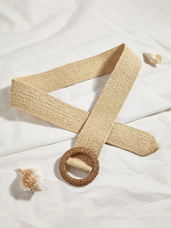 1pc Boho Straw Handmade Braided Elastic Waistband Round Wooden Buckle Women Girdle For Dress For Summer