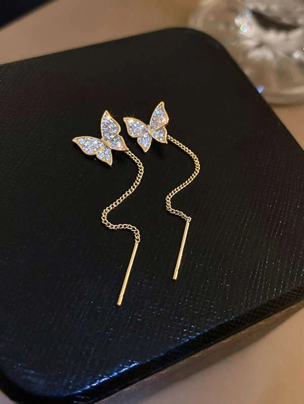 Rhinestone Butterfly Decor Threader Earrings