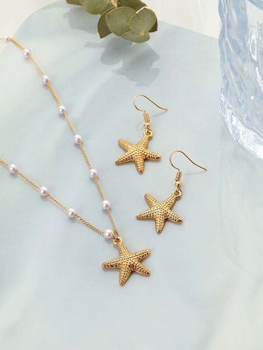 3pcs Starfish & Faux Pearl Decor Jewelry Set