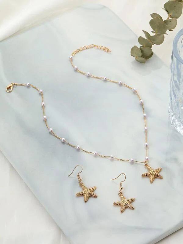 3pcs Starfish & Faux Pearl Decor Jewelry Set