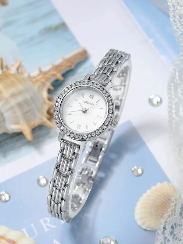 1pc Rhinestone Decor Round Pointer Quartz Watch & 5pcs Jewelry Set