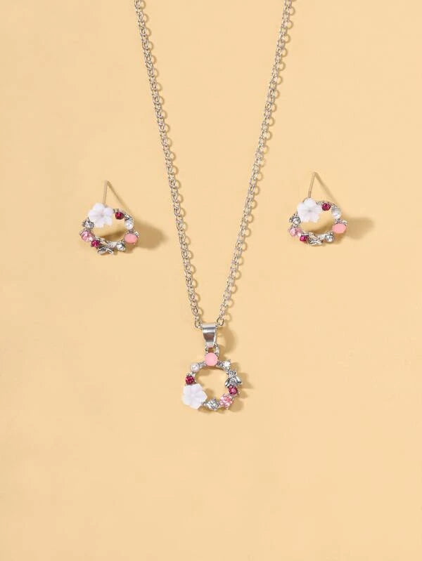 1pc Floral Decor Necklace & 1pair Stud Earrings