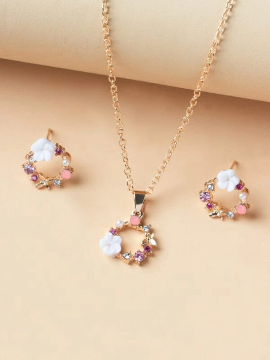 1pc Floral Decor Necklace & 1pair Stud Earrings