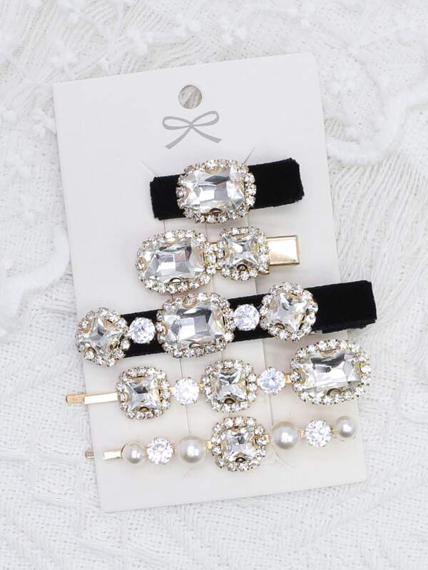 5pcs Rhinestone & Faux Pearl Decor Hair Clip