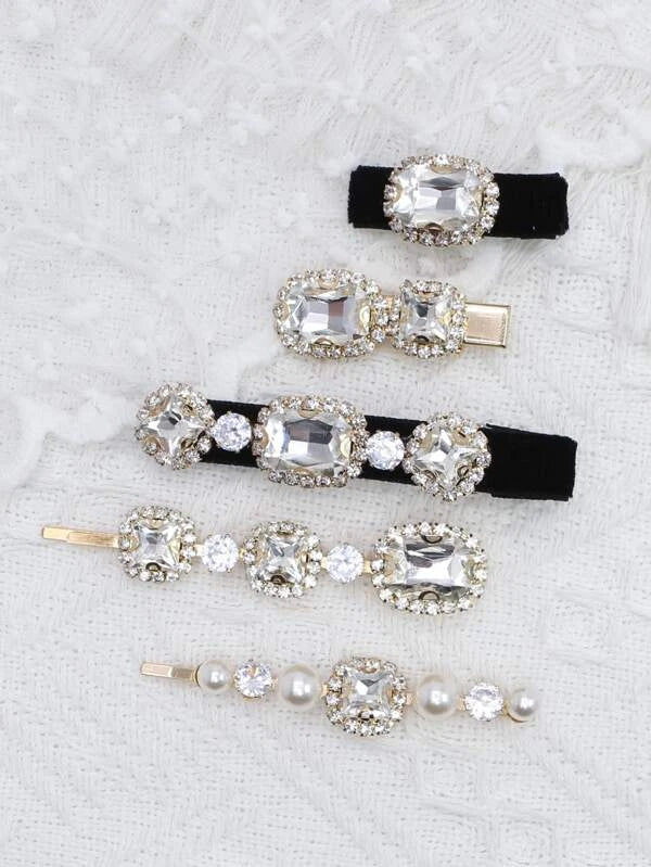 5pcs Rhinestone & Faux Pearl Decor Hair Clip