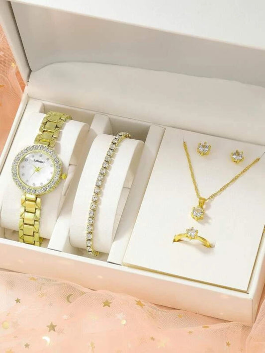 1pc Rhinestone Decor Round Pointer Quartz Watch & 5pcs Jewelry Set