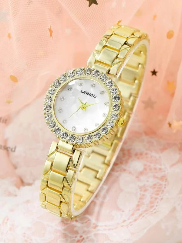 1pc Rhinestone Decor Round Pointer Quartz Watch & 5pcs Jewelry Set