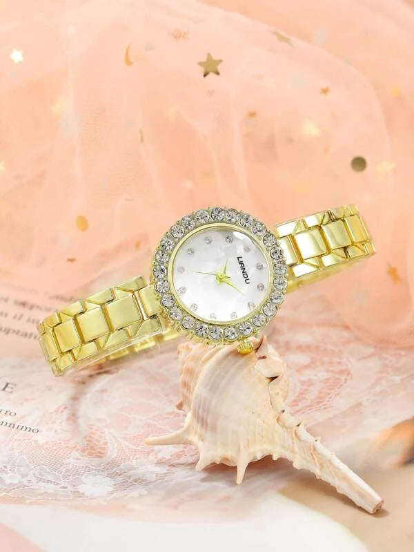 1pc Rhinestone Decor Round Pointer Quartz Watch & 5pcs Jewelry Set