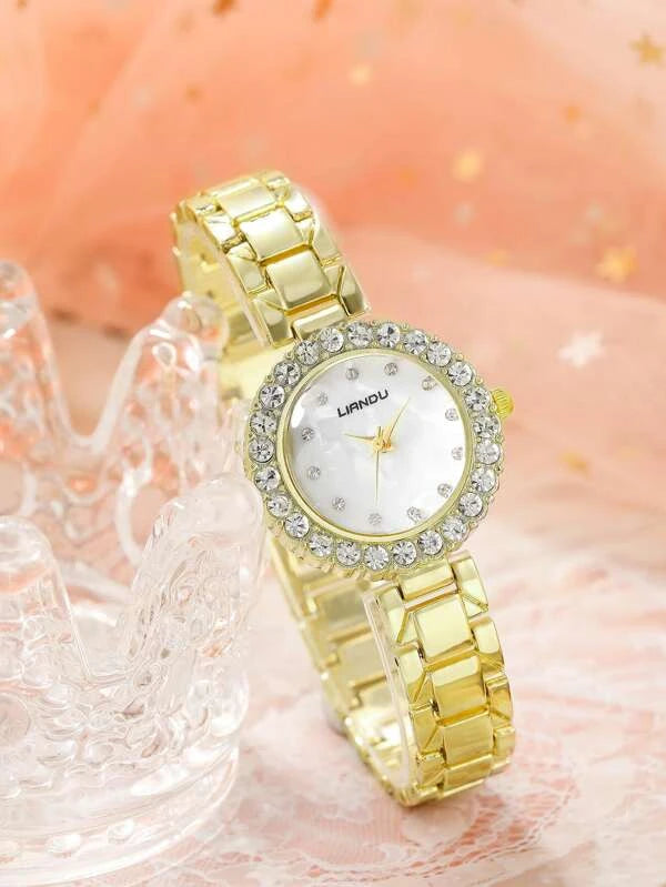 1pc Rhinestone Decor Round Pointer Quartz Watch & 5pcs Jewelry Set