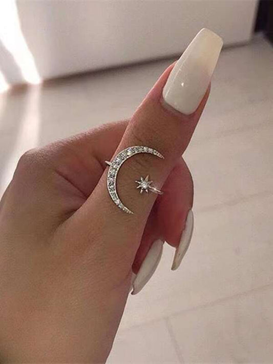 Rhinestone Star & Moon Decor Cuff Ring